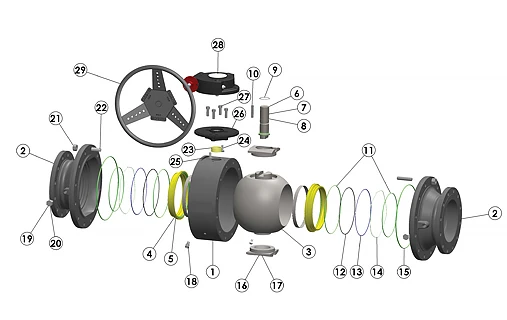 Exploded view trunnion ball valve Balon 10F-T13-RF — các thành phần và dimension